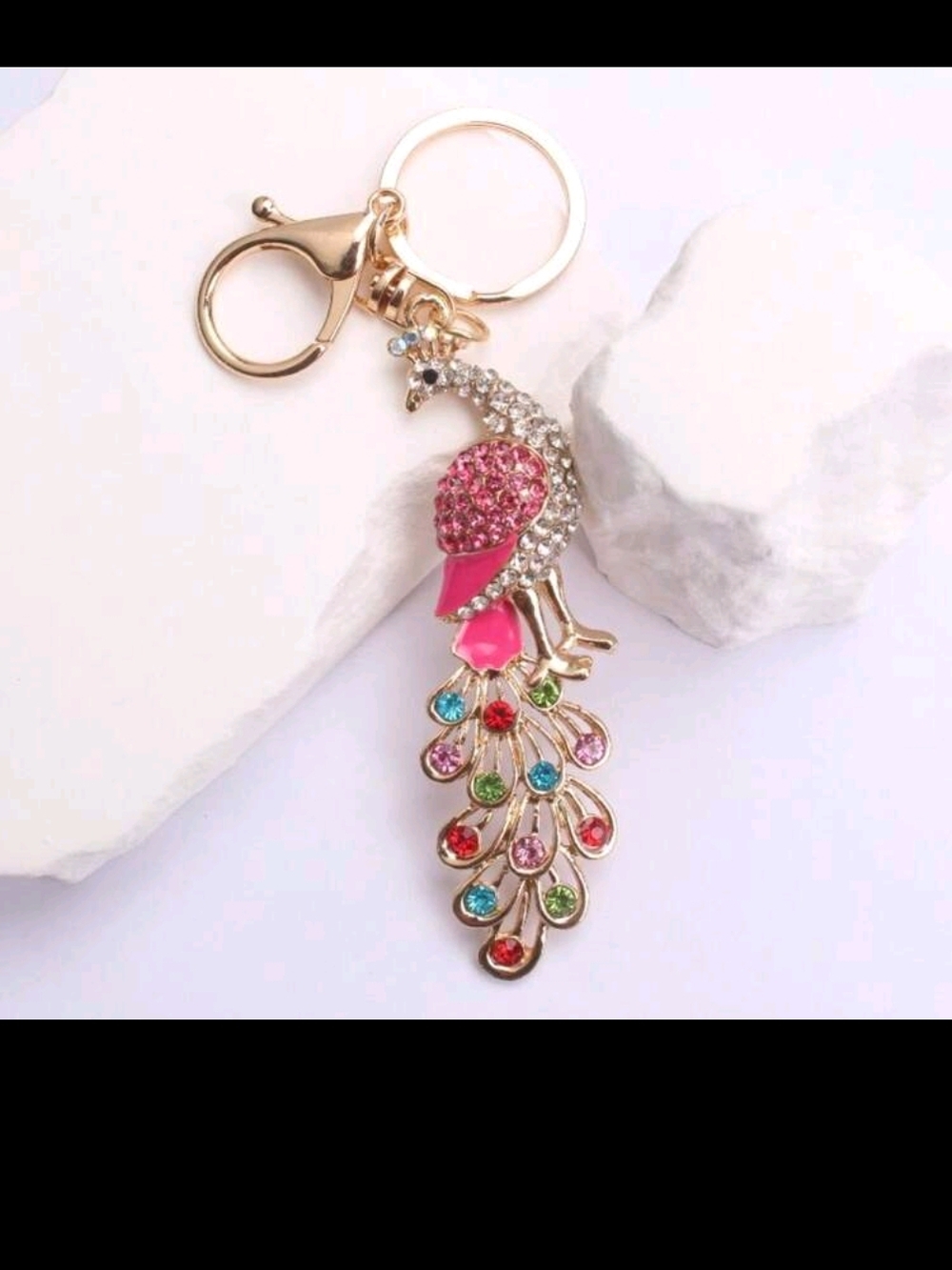 Pink Crystal Peacock Keychain with Multicolor Rhinestone Tail